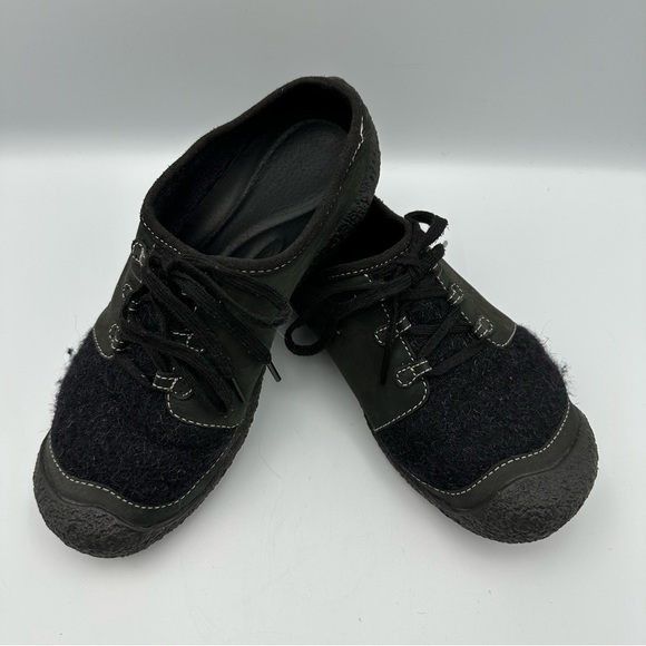 Keen Black Leather Wool Floral Tie Slide Mule Shoe Women’s Size 9 Preowned EUC - Picture 1 of 10
